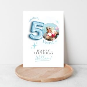 Personalized 50th Birthday Card with Photo and Teal Balloon, 5 x 7 Greeting Card Personalized 50th Birthday Card with Photo and Teal Balloon, 5 x 7 Greeting Card