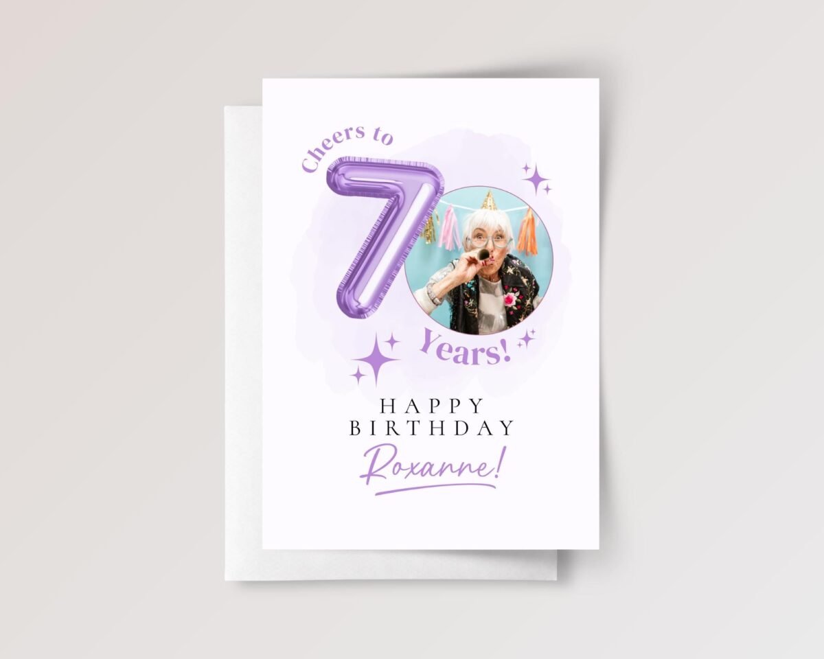 Personalized 70th Birthday Card with Photo and Purple Balloon, 5 x 7 Greeting Card