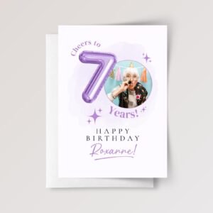 Personalized 70th Birthday Card with Photo and Purple Balloon, 5 x 7 Greeting Card