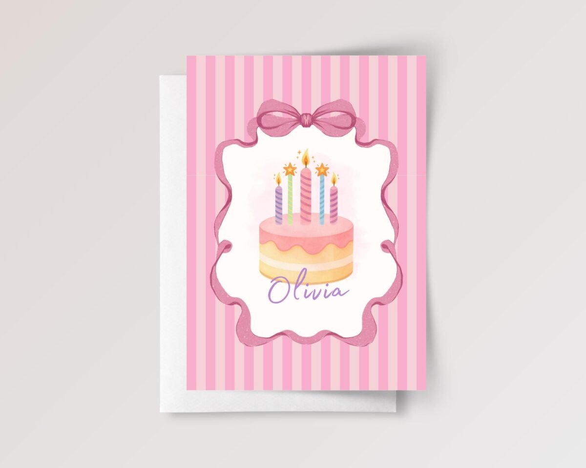 Personalized 5th Birthday Card, 5 x 7 Greeting Card with Five Candles and Pink Stripes, Gift for Girl