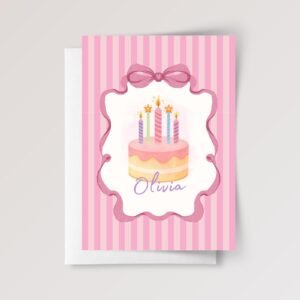 Personalized 5th Birthday Card, 5 x 7 Greeting Card with Five Candles and Pink Stripes, Gift for Girl