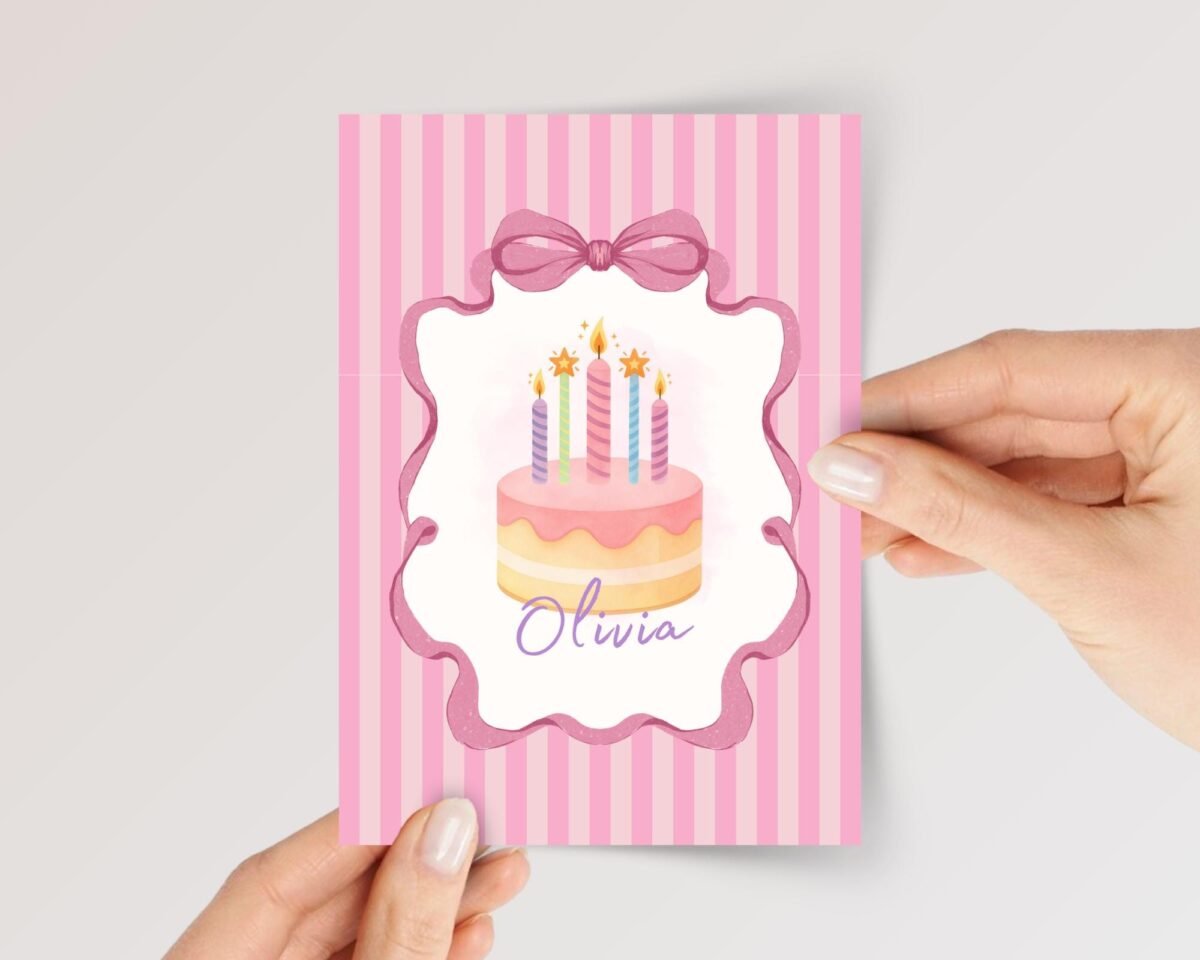 Personalized 5th Birthday Card, 5 x 7 Greeting Card with Five Candles and Pink Stripes, Gift for Girl