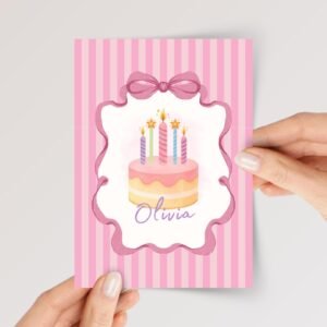 Personalized 5th Birthday Card, 5 x 7 Greeting Card with Five Candles and Pink Stripes, Gift for Girl