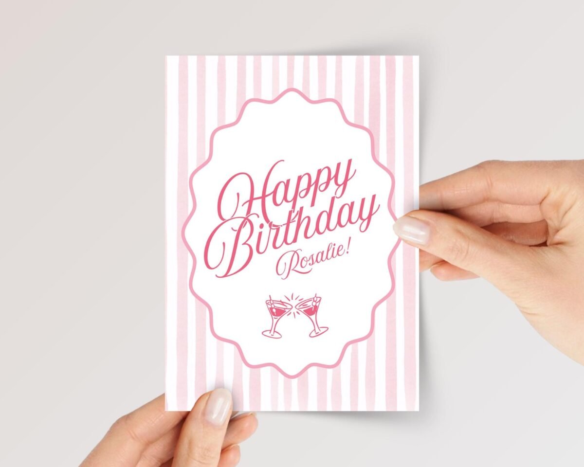 Personalized 21st Birthday Card, 5 x 7 Greeting Card with Pink Stripes and Martini Glasses, Gift for Her