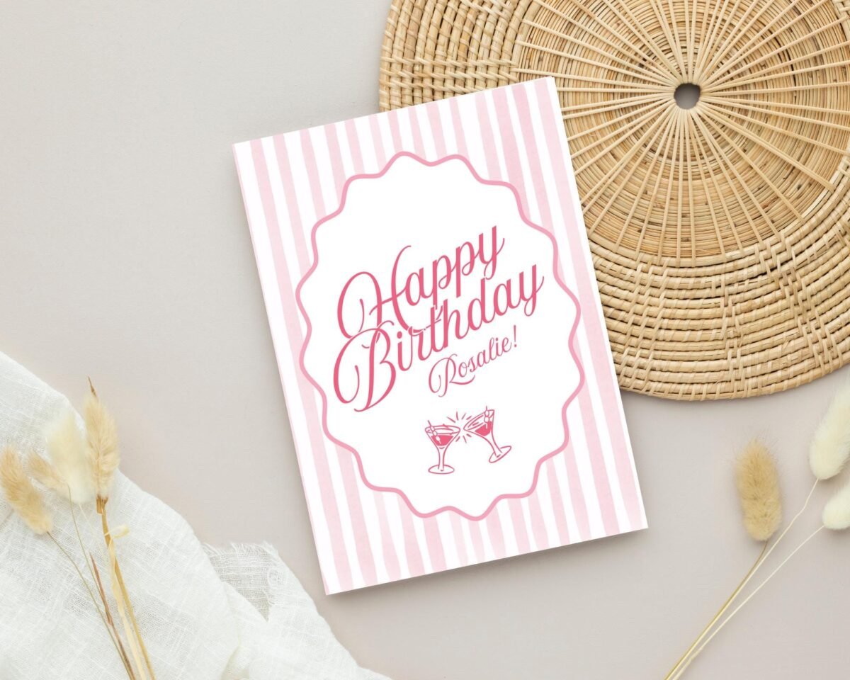 Personalized 21st Birthday Card, 5 x 7 Greeting Card with Pink Stripes and Martini Glasses, Gift for Her