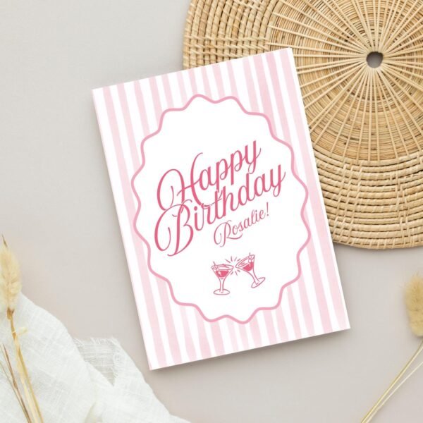Personalized 21st Birthday Card, 5 x 7 Greeting Card with Pink Stripes and Martini Glasses, Gift for Her