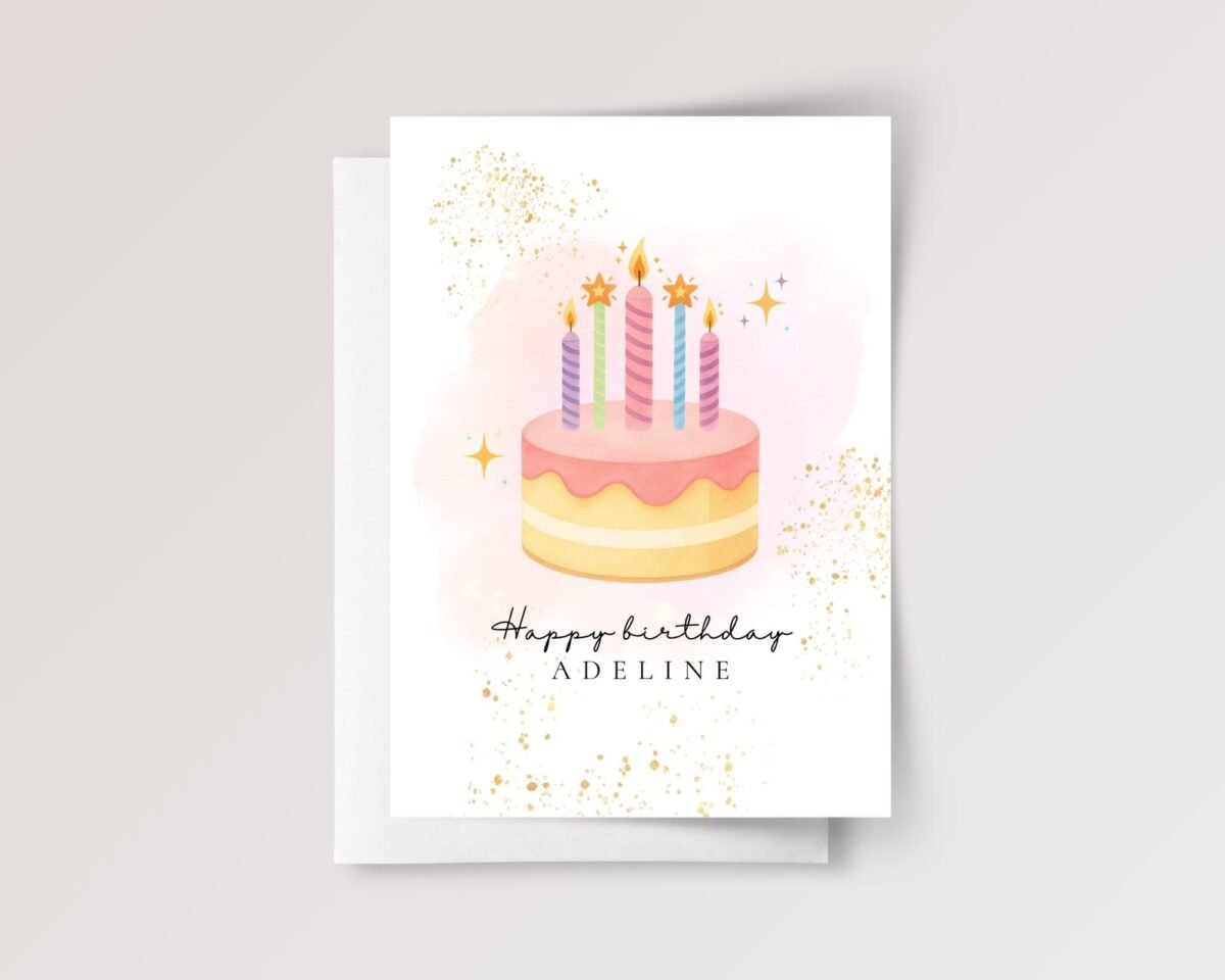 Personalized 5th Birthday Card, 5 x 7 Greeting Card with Pink Cake and Five Candles, Gift for Girl