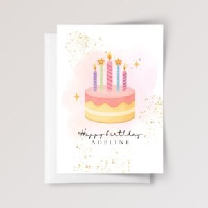 Personalized 5th Birthday Card, 5 x 7 Greeting Card with Pink Cake and Five Candles, Gift for Girl