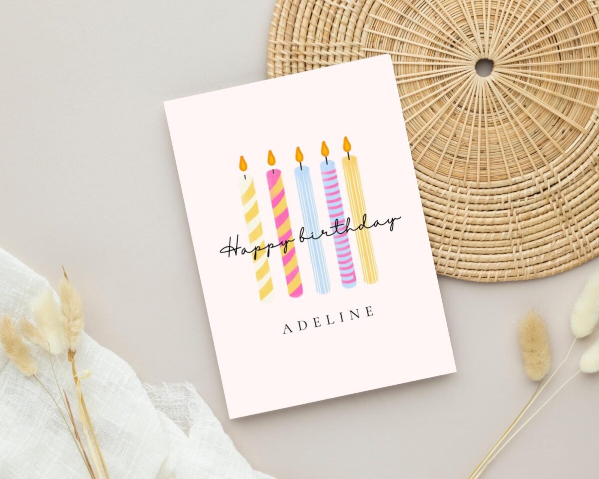 5th Birthday Card with Five Candles, 5 x 7 Folded Greeting Card, Gift for Girl