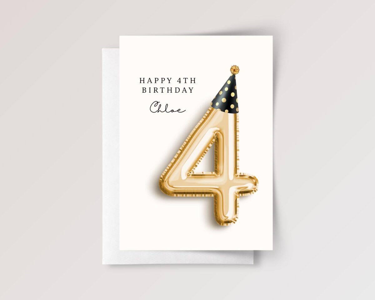 Personalized 4th Birthday Card for Kids, 5 x 7 Folded Greeting Card with Gold Balloon and Party Hat