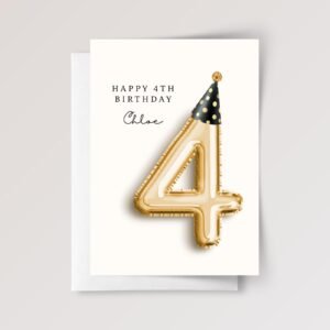 Personalized 4th Birthday Card for Kids, 5 x 7 Folded Greeting Card with Gold Balloon and Party Hat