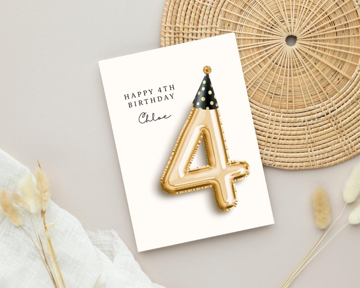 Personalized 4th Birthday Card for Kids, 5 x 7 Folded Greeting Card with Gold Balloon and Party Hat