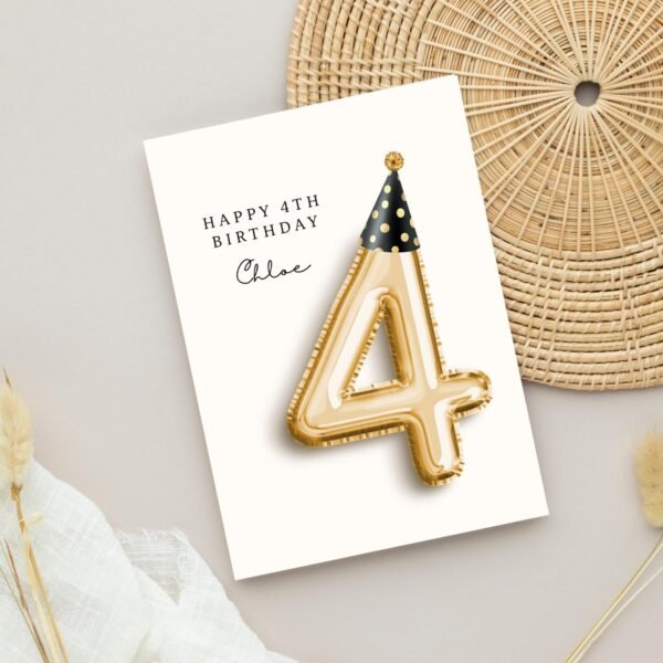 Personalized 4th Birthday Card for Kids, 5 x 7 Folded Greeting Card with Gold Balloon and Party Hat