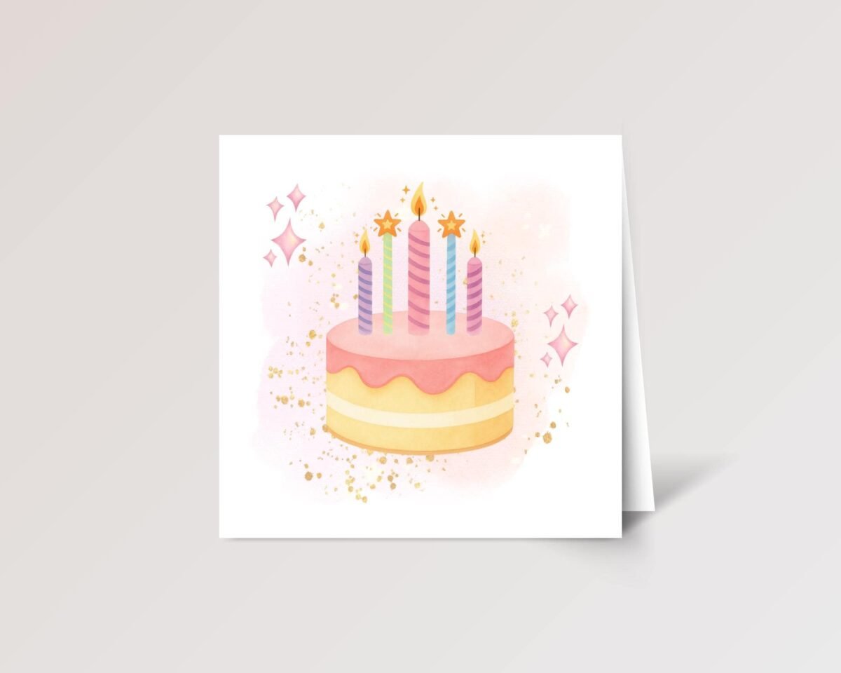 5th Birthday Card for Girl, Folded Square Greeting Card with Pink Cake and Five Candles, Gift for Her