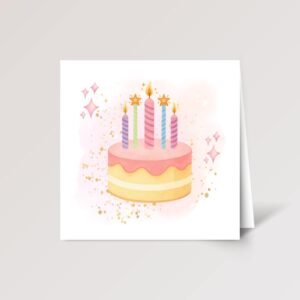 5th Birthday Card for Girl, Folded Square Greeting Card with Pink Cake and Five Candles, Gift for Her
