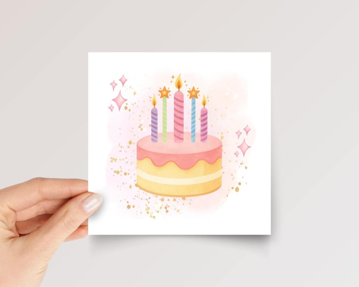 5th Birthday Card for Girl, Folded Square Greeting Card with Pink Cake and Five Candles, Gift for Her