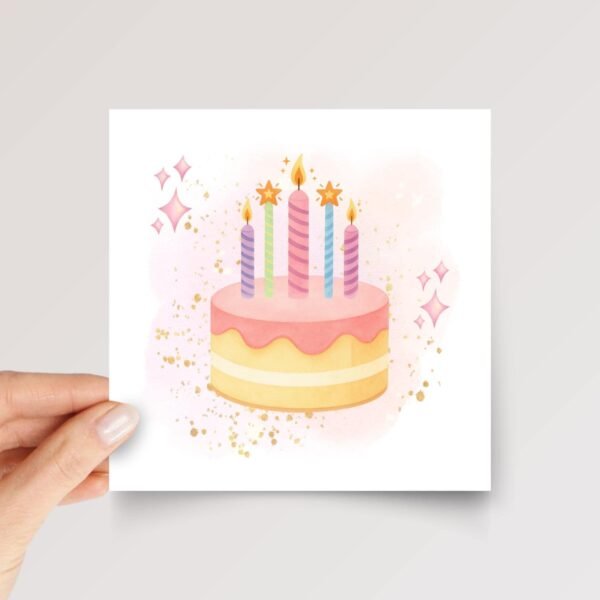 5th Birthday Card for Girl, Folded Square Greeting Card with Pink Cake and Five Candles, Gift for Her