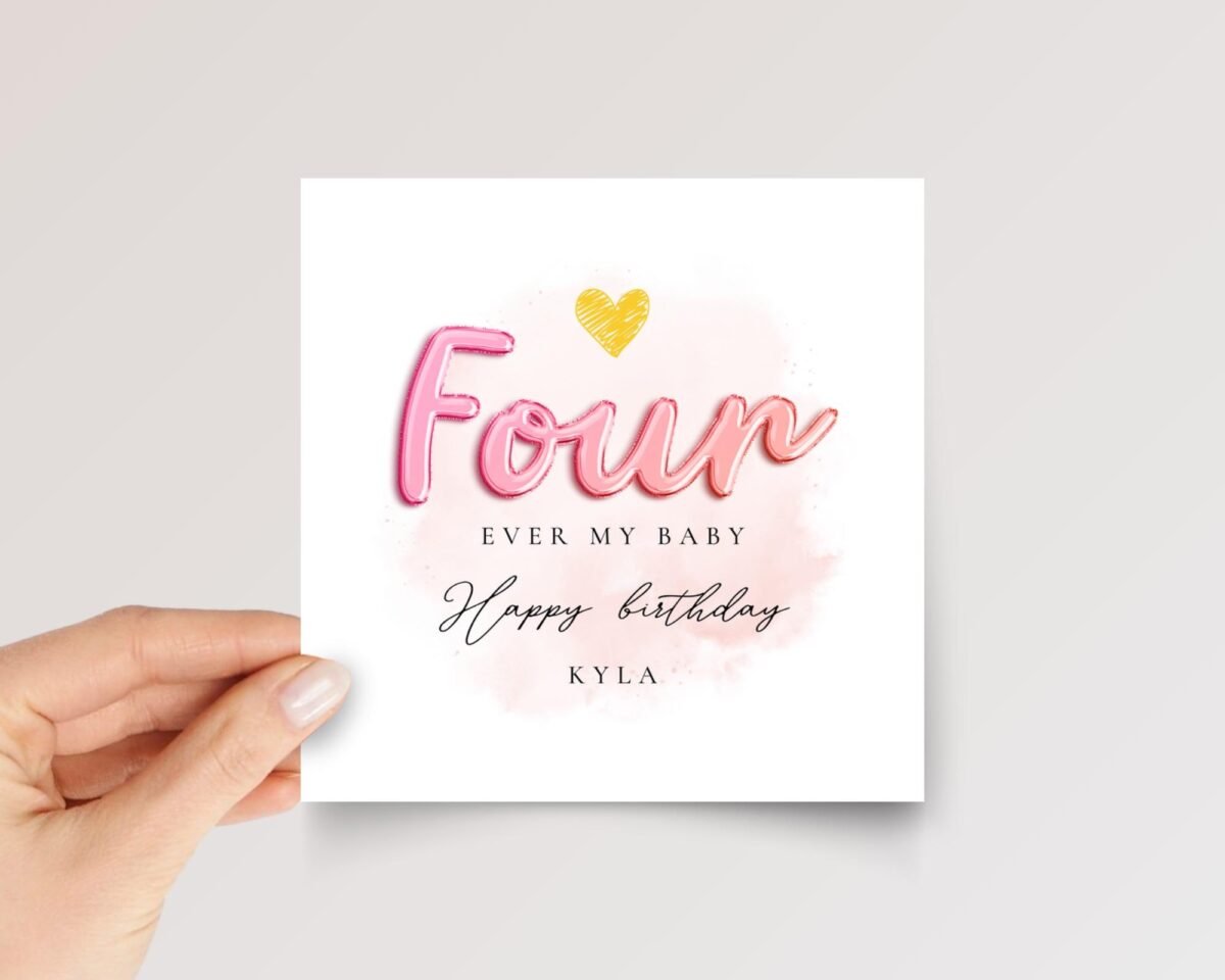 4th Birthday Card for Daughter, Folded Square Greeting Card with Pink Lettering 4th Birthday Card for Daughter, Folded Square Greeting Card with Pink Lettering