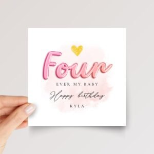 4th Birthday Card for Daughter, Folded Square Greeting Card with Pink Lettering 4th Birthday Card for Daughter, Folded Square Greeting Card with Pink Lettering