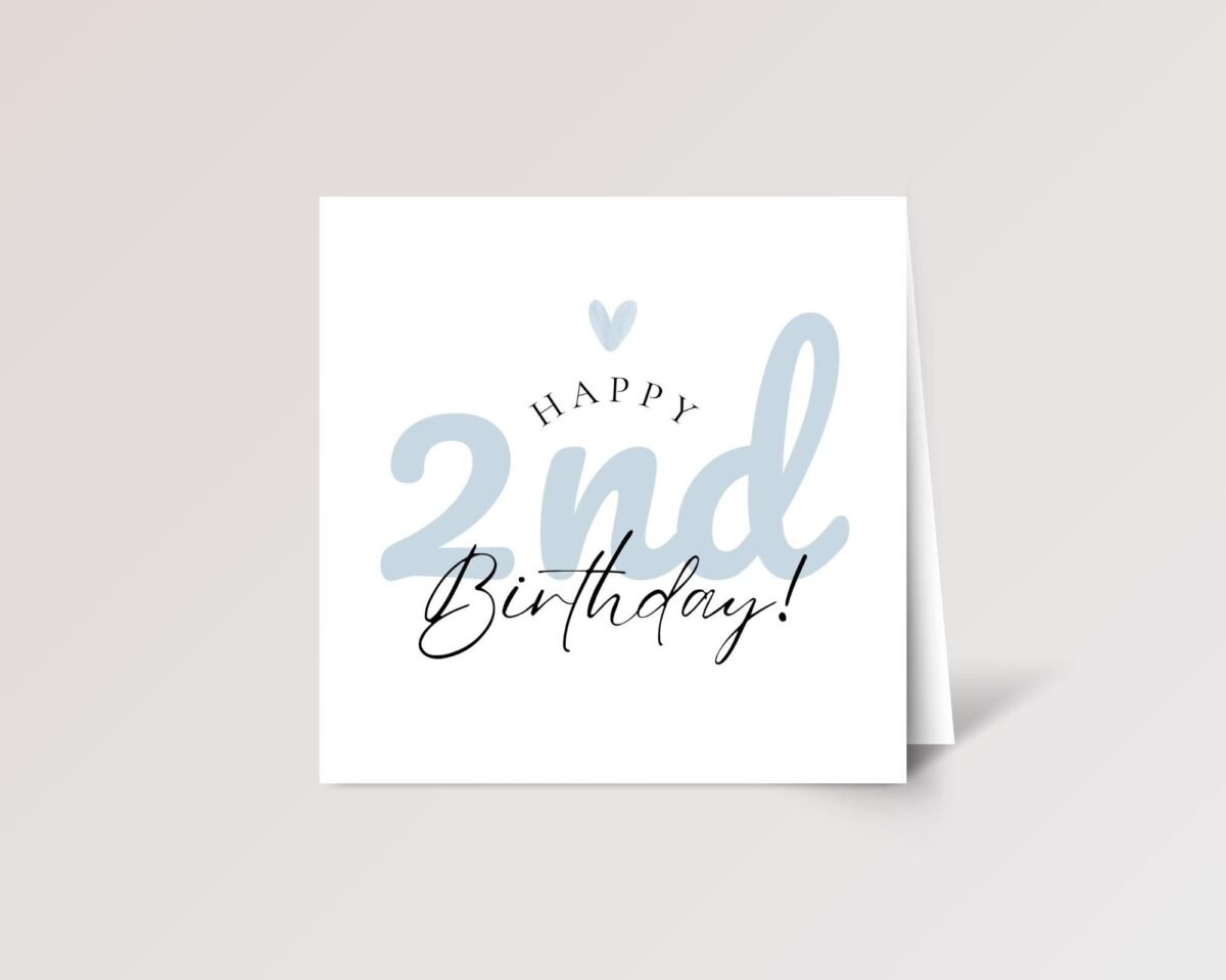 2nd Birthday Card for Boy, Folded Square Greeting Card with Blue Lettering, Gift for Son/Grandson