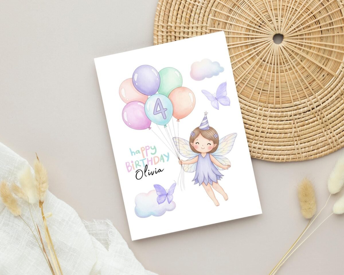 Personalized 4th Fairy Birthday Card, 5 x 7 Folded Greeting Card or Four Year Old, Gift for Her