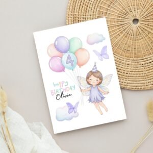 Personalized 4th Fairy Birthday Card, 5 x 7 Folded Greeting Card or Four Year Old, Gift for Her
