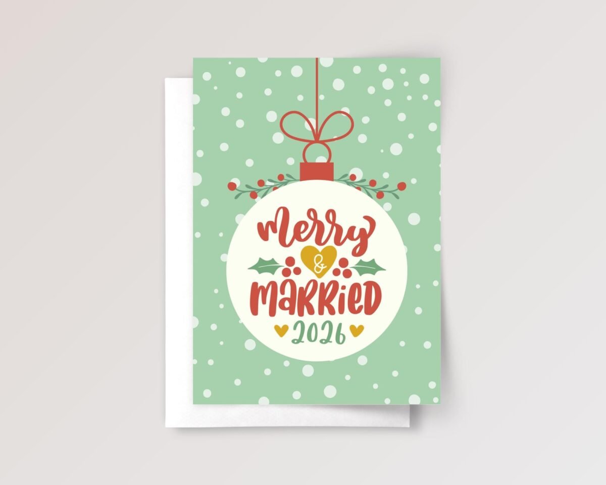 2026 Merry and Married Christmas Card for Couple, 5 x 7 Holiday Greeting Card with Red and Green Ornament Design 2026 Merry and Married Christmas Card for Couple, 5 x 7 Holiday Greeting Card with Red and Green Ornament Design