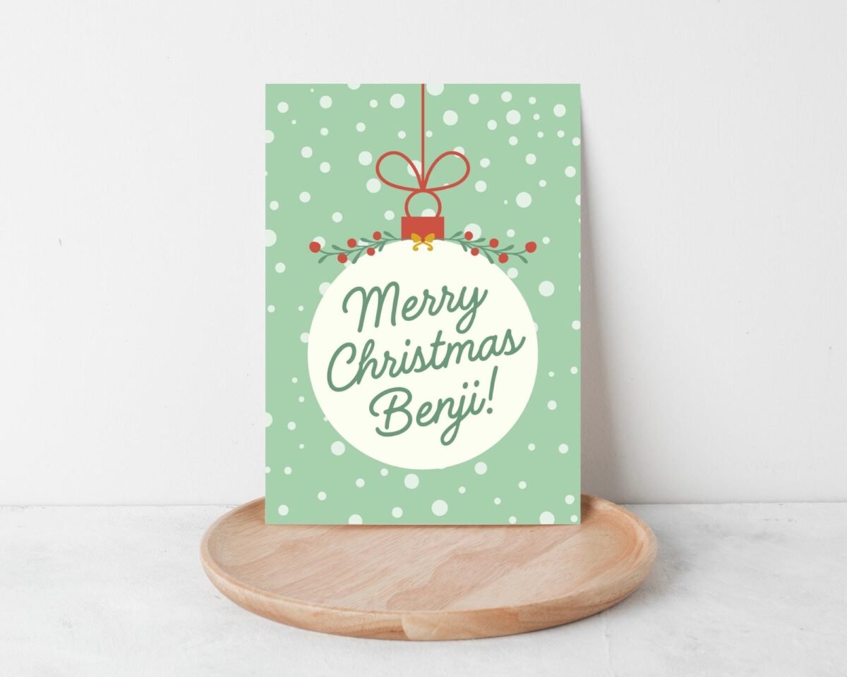 Personalized Christmas Card for Kids, 5 x 7 Holiday Greeting Card and Envelope, Green Personalized Kids Christmas Card for Son/Grandson and Green Ornament