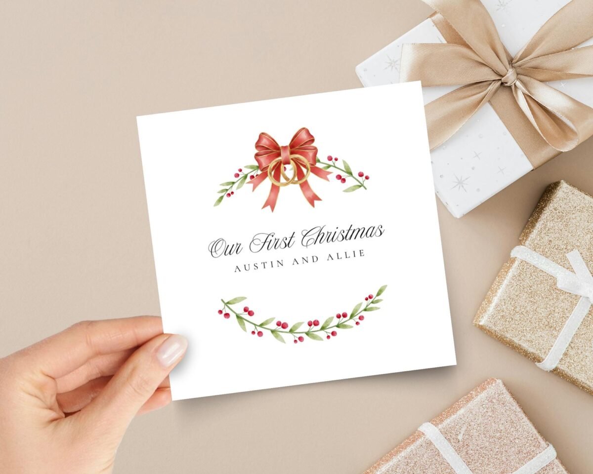 Personalized First Christmas Card for Husband and Wife, 5 1/4 Inch Square Greeting Card with Mistletoe and Wedding Rings