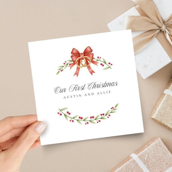 Personalized First Christmas Card for Husband and Wife, 5 1/4 Inch Square Greeting Card with Mistletoe and Wedding Rings