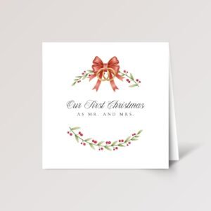 First Christmas Card for Husband and Wife, Square Holiday Greeting Card with Rings and Wreath