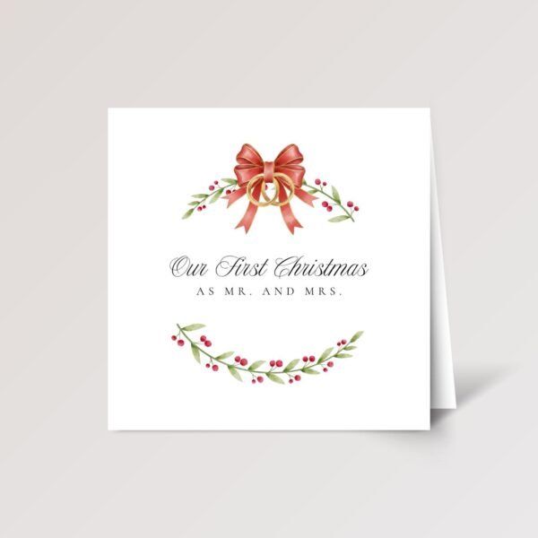 First Christmas Card for Husband and Wife, Square Holiday Greeting Card with Rings and Wreath