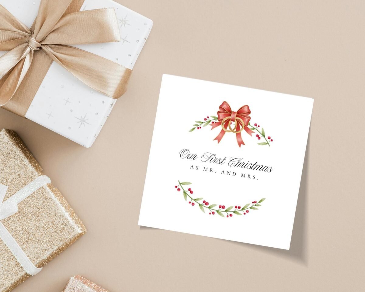 First Christmas Card for Husband and Wife, Square Holiday Greeting Card with Rings and Wreath