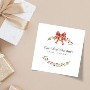 First Christmas Card for Husband and Wife, Square Holiday Greeting Card with Rings and Wreath