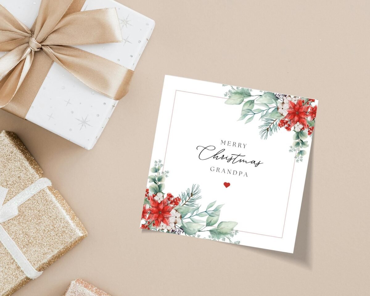 Christmas Card for Grandpa, Folded Square Greeting Card and White Envelope Christmas Card for Grandpa, Folded Square Greeting Card and White Envelope