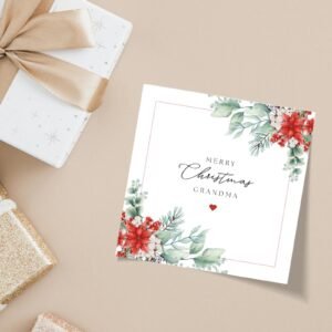 Floral Christmas Card for Grandma, Square Greeting Card and White Envelope