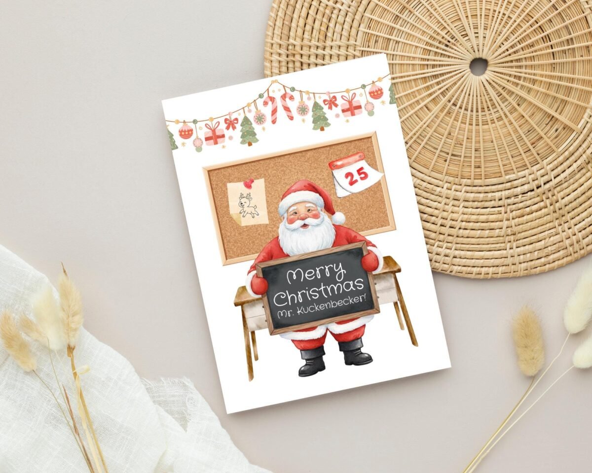 Personalized Christmas Card for Teacher with Santa & Chalkboard