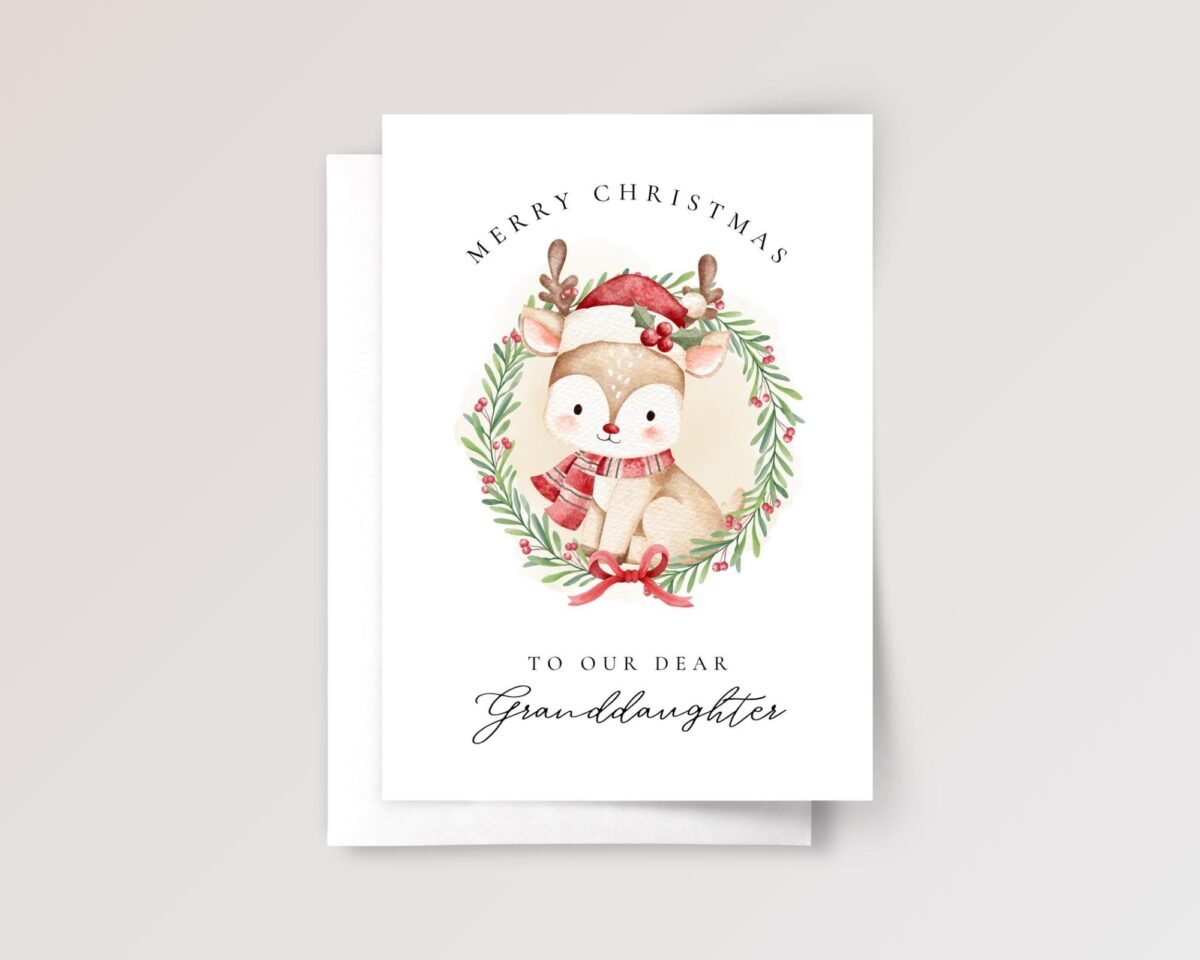 Christmas Card for Granddaughter with Reindeer Wreath