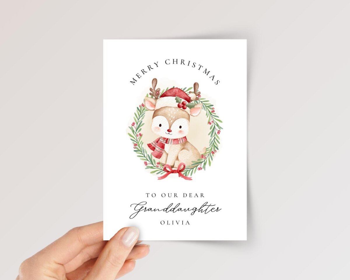 Christmas Card for Granddaughter with Reindeer Wreath