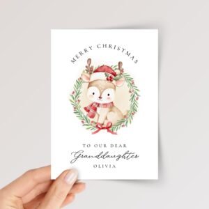 Christmas Card for Granddaughter with Reindeer Wreath