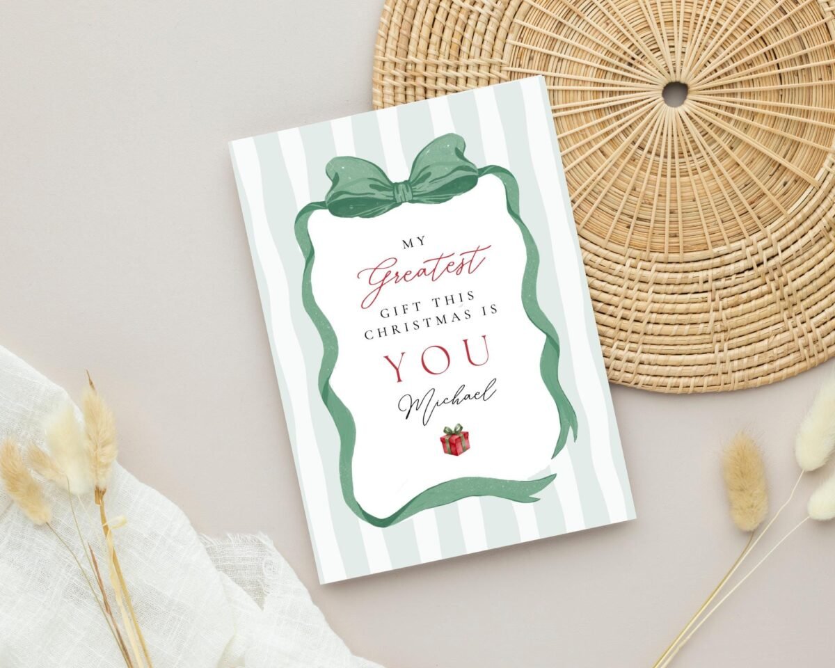 Christmas Card for Husband with Green Ribbon and Stripes