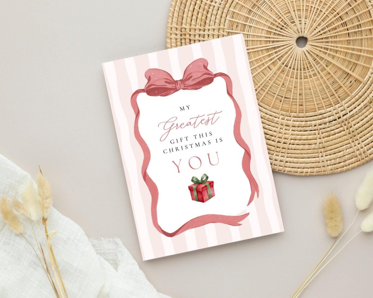 Christmas Card for Wife with Pink Ribbon and Stripes