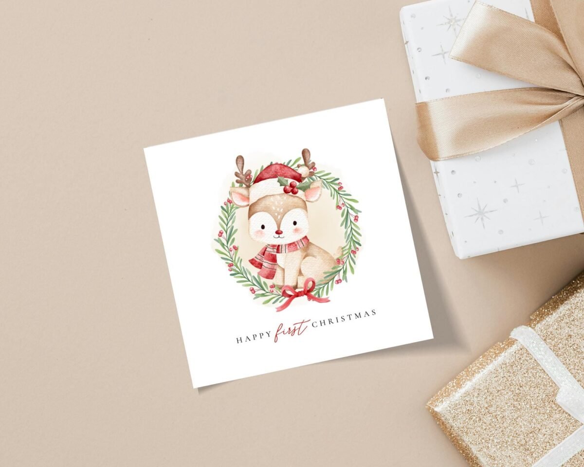 First Christmas Card for Baby with Reindeer Wreath