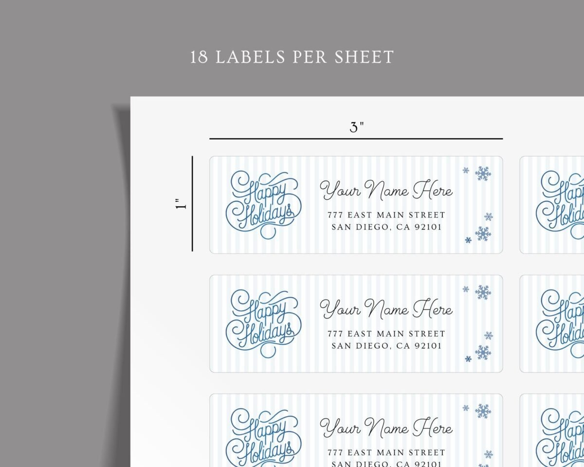 Return Address Labels with Blue Happy Holidays Design, 18 Labels Per Sheet, 1 x 3 Inches
