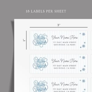 Return Address Labels with Blue Happy Holidays Design, 18 Labels Per Sheet, 1 x 3 Inches
