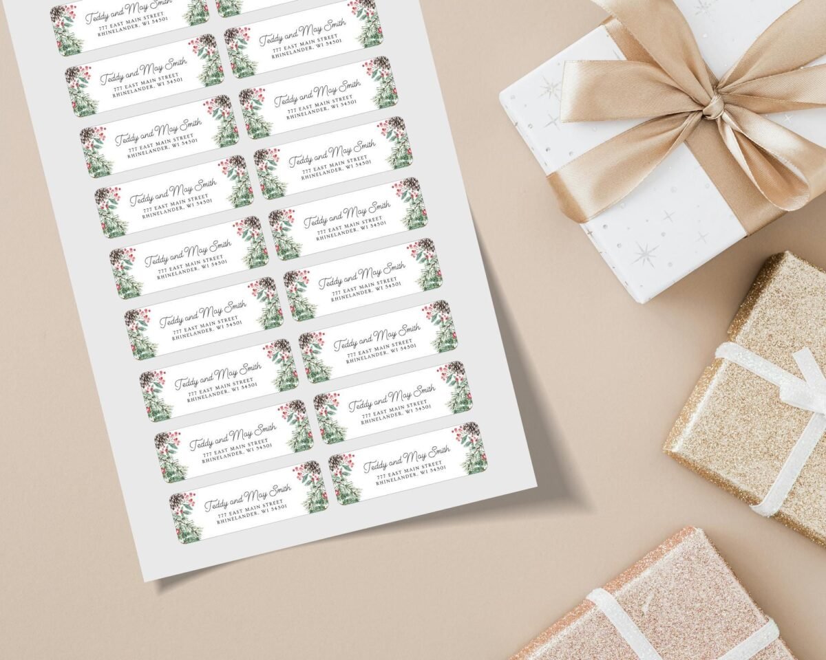 Christmas Return Address Labels with Pinecones, Includes 18 Labels/Sticker Sheet, 1 x 3 inches