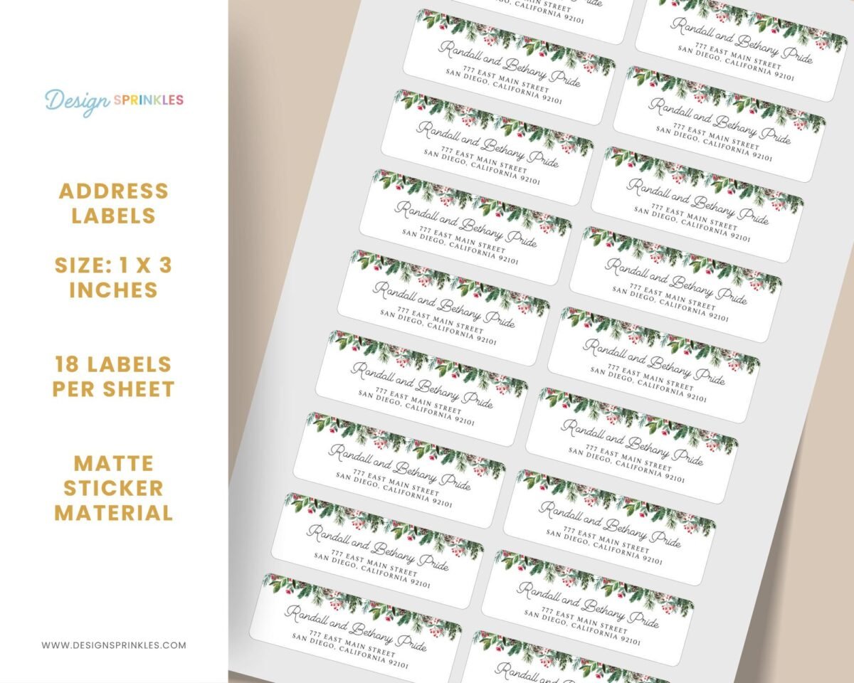Christmas Return Address Labels with Pine Florals, Includes 18 Labels/Sticker Sheet, 1 x 3 inches