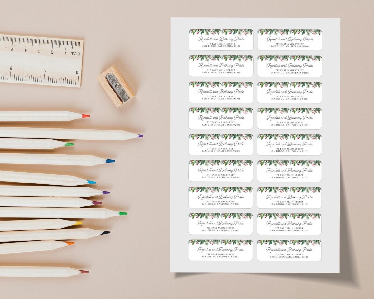 Christmas Return Address Labels with Pine Florals, Includes 18 Labels/Sticker Sheet, 1 x 3 inches