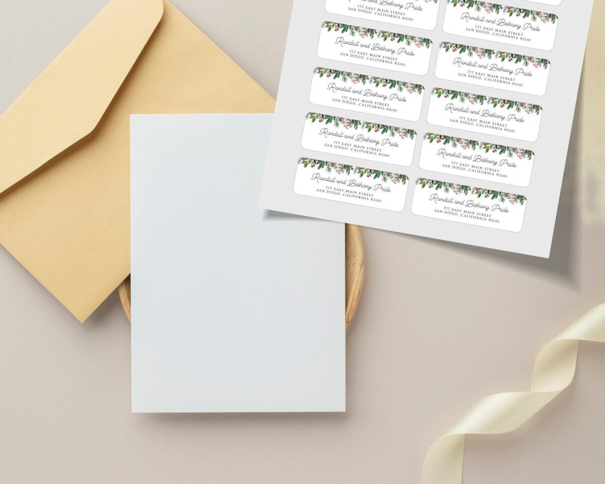 Christmas Return Address Labels with Pine Florals, Includes 18 Labels/Sticker Sheet, 1 x 3 inches
