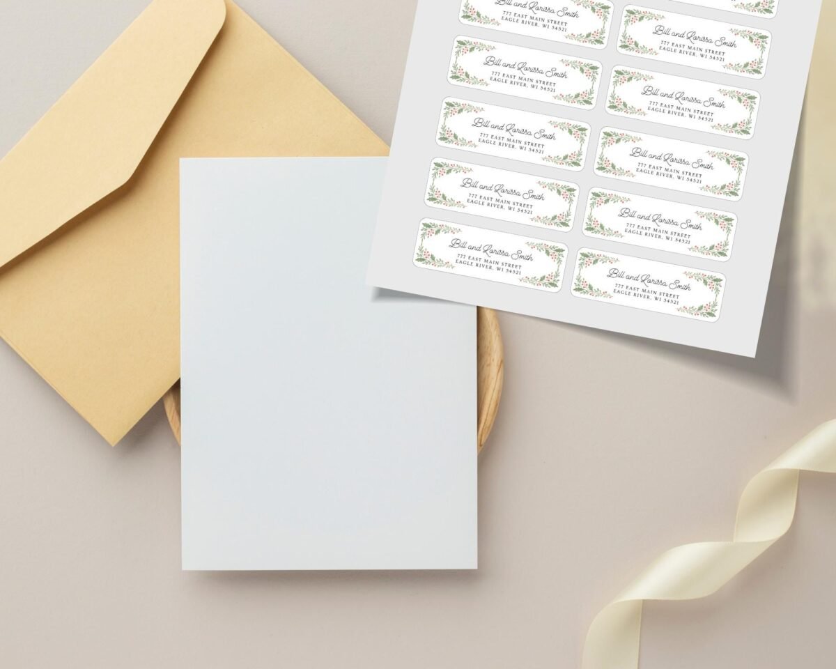 Christmas Return Address Labels with Mistletoe Design, Includes 18 Labels/Sticker Sheet, 1 x 3 inches